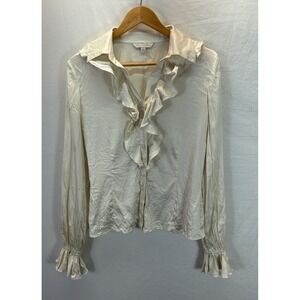 ST JOHN Couture Button Up Ruffle Silk Stretch Blouse Women's Sz 6 Ivory Office